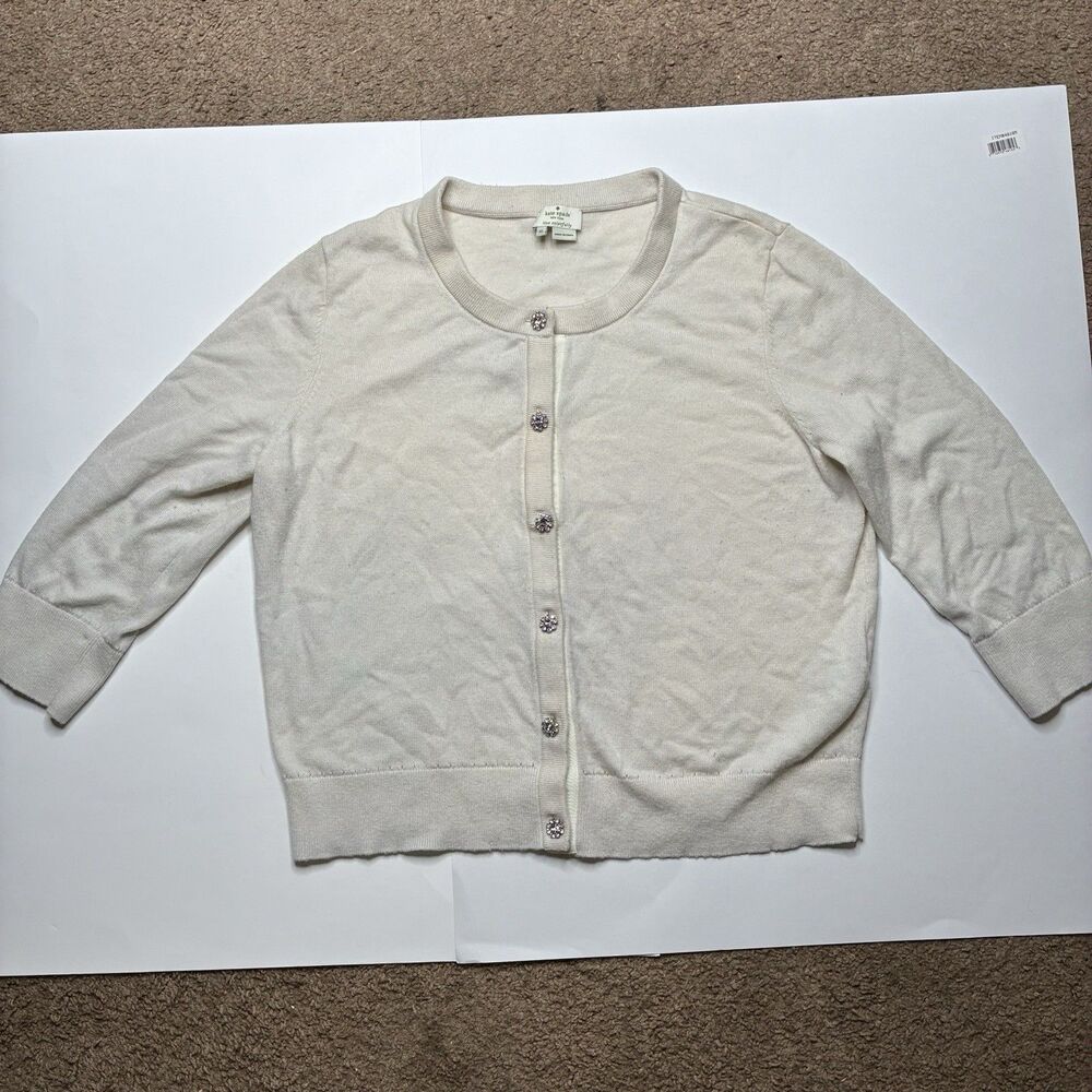 Kate Spade Cream Wool Cardigan With Sparkling Crystal Buttons Size XL